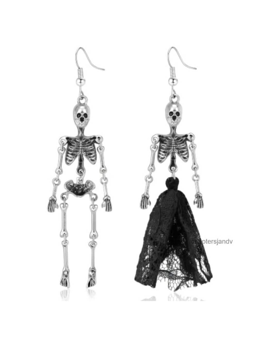 Gothic Skull Dangle Earrings Asymmetrical Skeleton Bride Black Lace Halloween